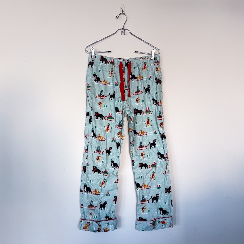 Lands End Pajama Bottoms Flannel Pants Blue Holiday Dog Theme Sz Small Tie Waist